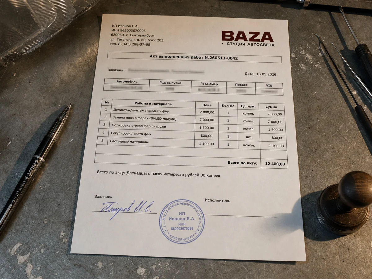 Реальный акт выполненных работ BAZA с печатью и подписью
