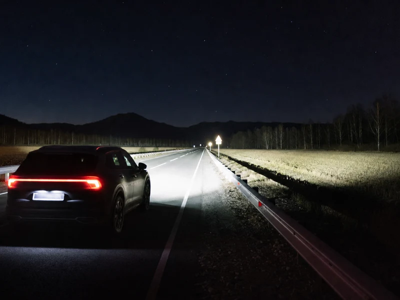 SUV на загородной дороге — мощный широкий световой поток топового Bi-LED